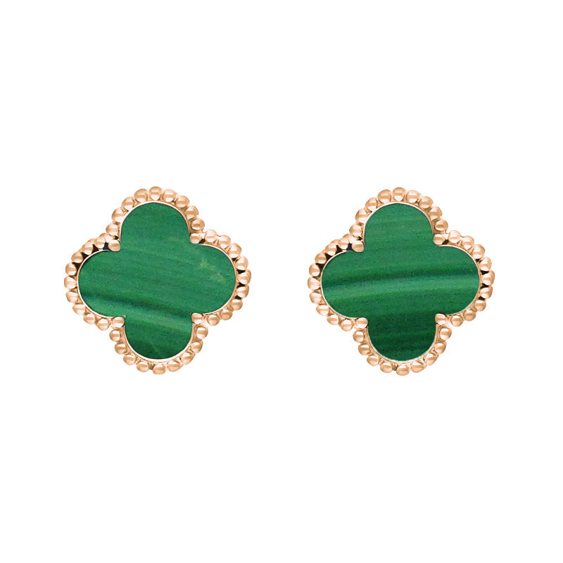 9ct Rose Gold Malachite Bloom Four Leaf Clover Ball Edge Stud Earrings