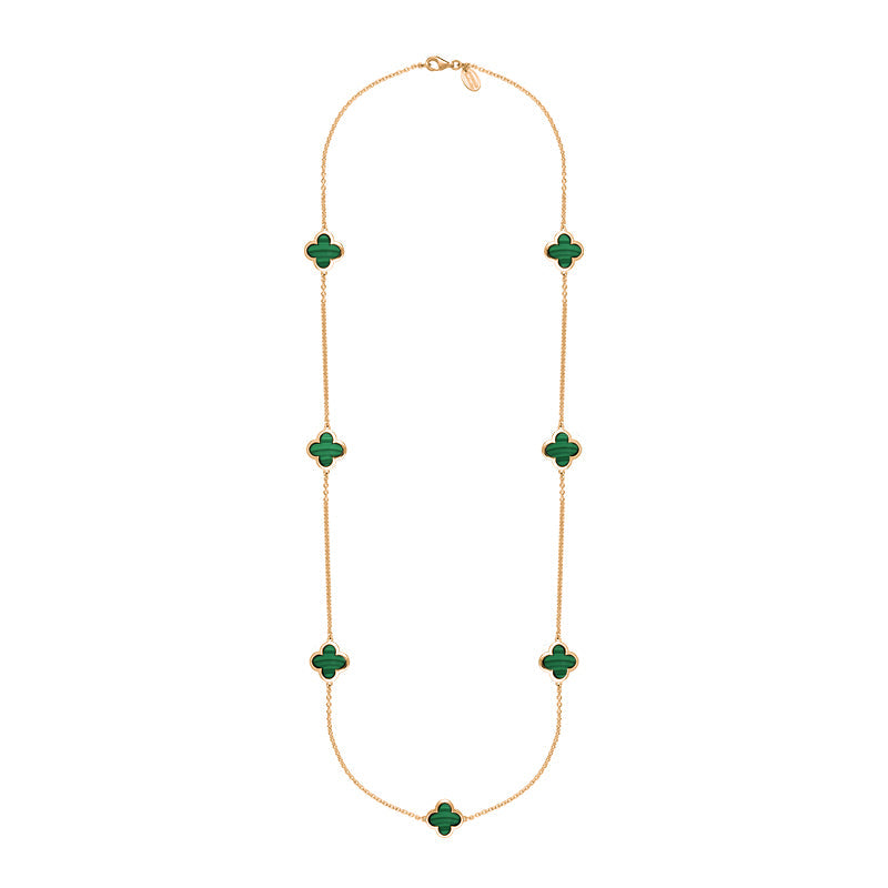 9ct Rose Gold Malachite Bloom Four Leaf Clover Long Necklace