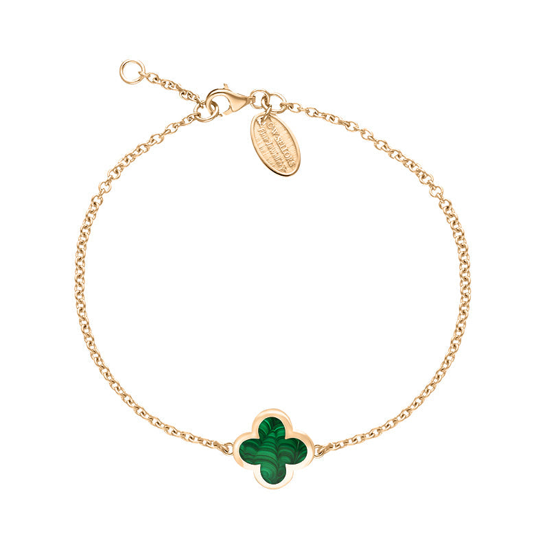 9ct Rose Gold Malachite Bloom Four Leaf Clover Polished Edge Bracelet
