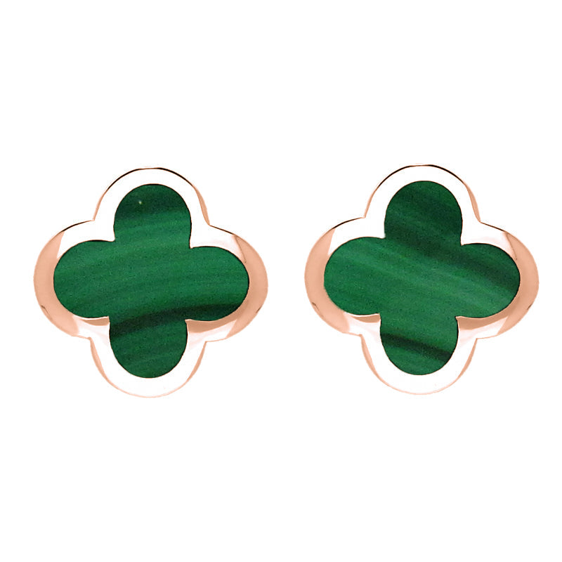 9ct Rose Gold Malachite Bloom Four Leaf Clover Stud Earrings