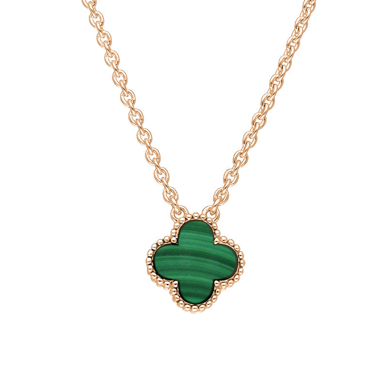 9ct Rose Gold Malachite Bloom Small Four Leaf Clover Ball Edge Chain Necklace