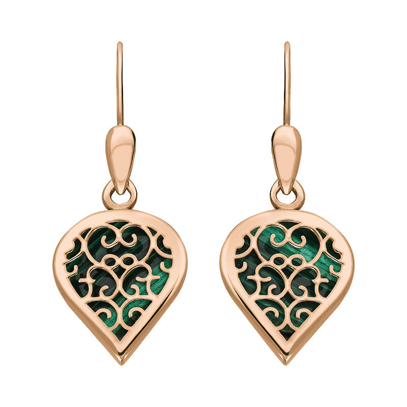 9ct Rose Gold Malachite Flore Filigree Heart Drop Earrings