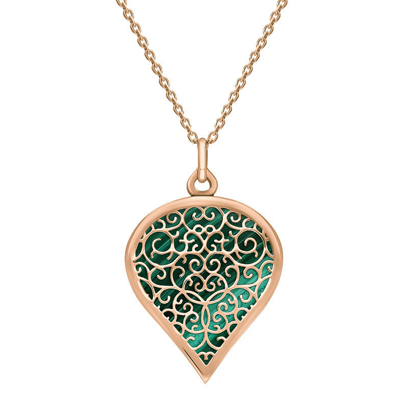 9ct Rose Gold Malachite Flore Filigree Large Heart Necklace
