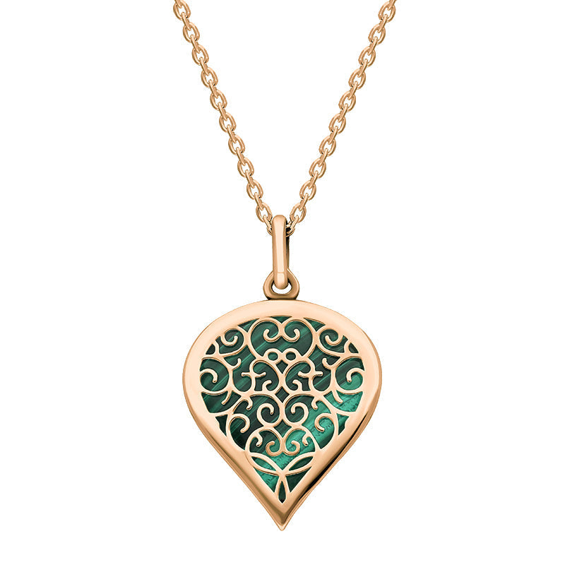 9ct Rose Gold Malachite Flore Filigree Medium Heart Necklace