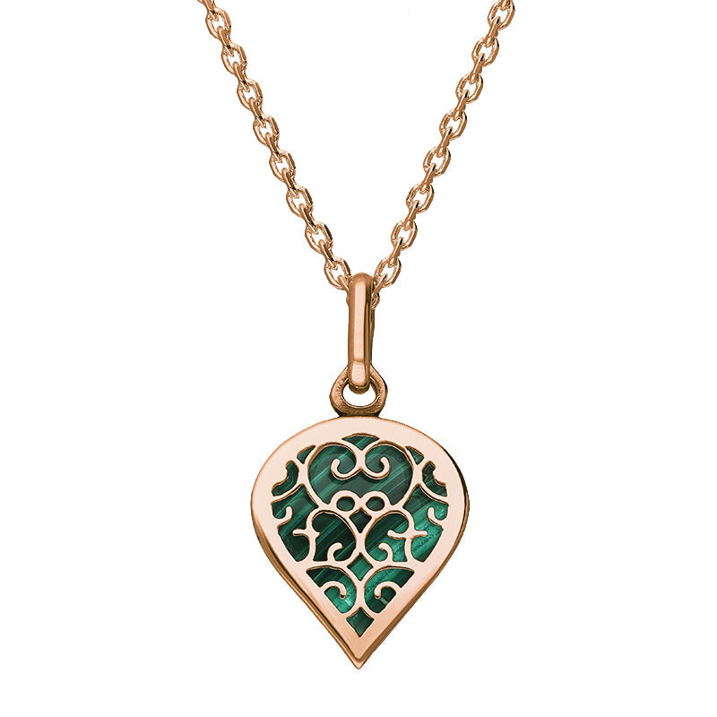 9ct Rose Gold Malachite Flore Filigree Small Heart Necklace