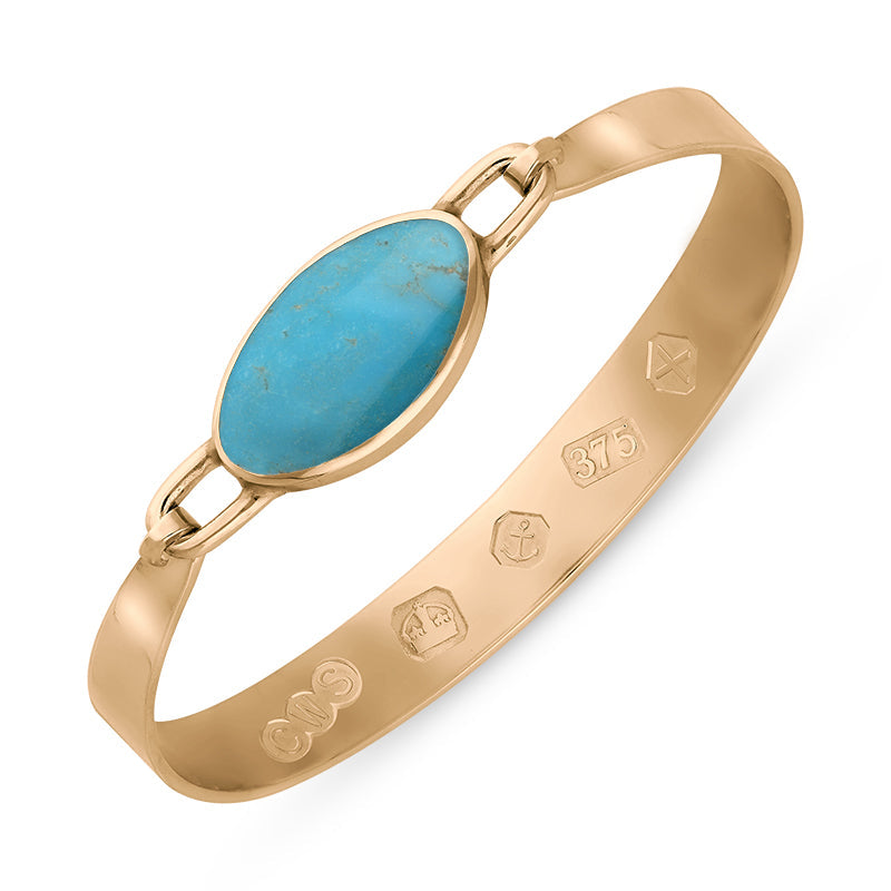 9ct Rose Gold Turquoise Hallmark Wide Oval Bangle - Gold