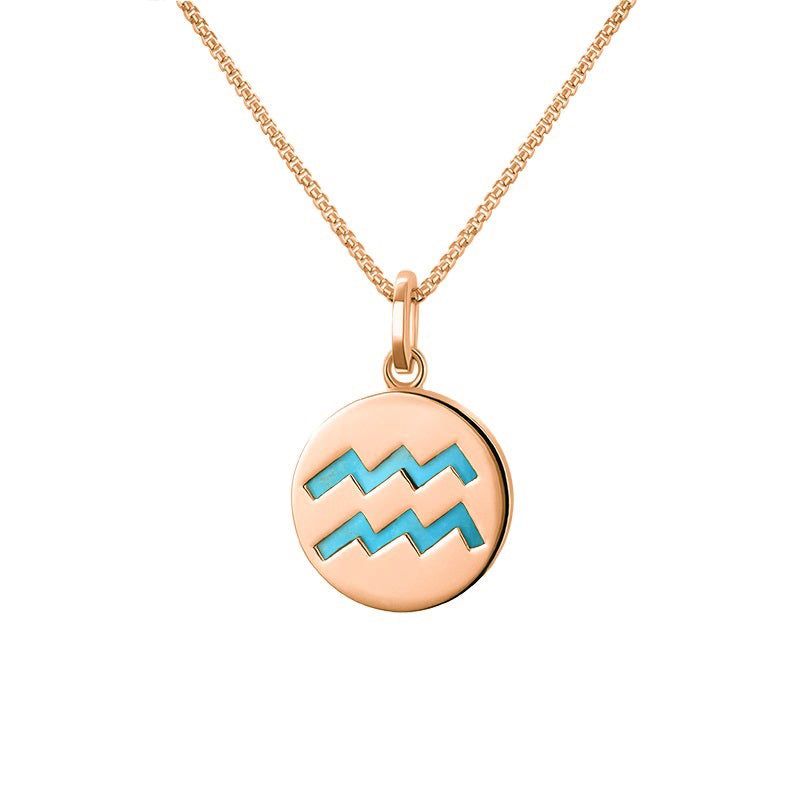 9ct Rose Gold Turquoise Zodiac Aquarius Round Necklace - Gold