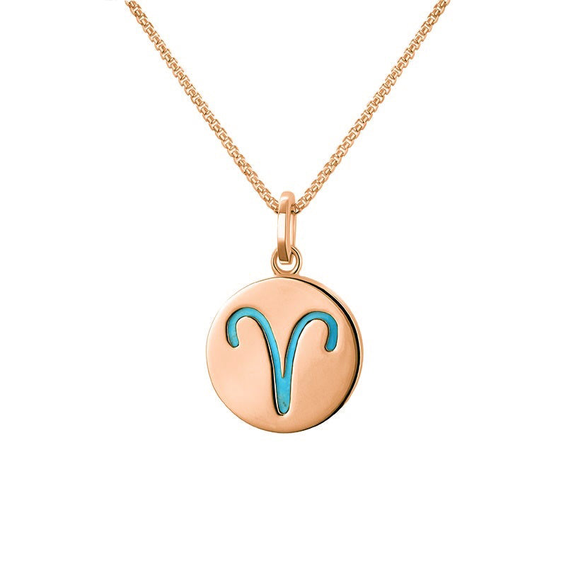 9ct Rose Gold Turquoise Zodiac Aries Round Necklace - Gold