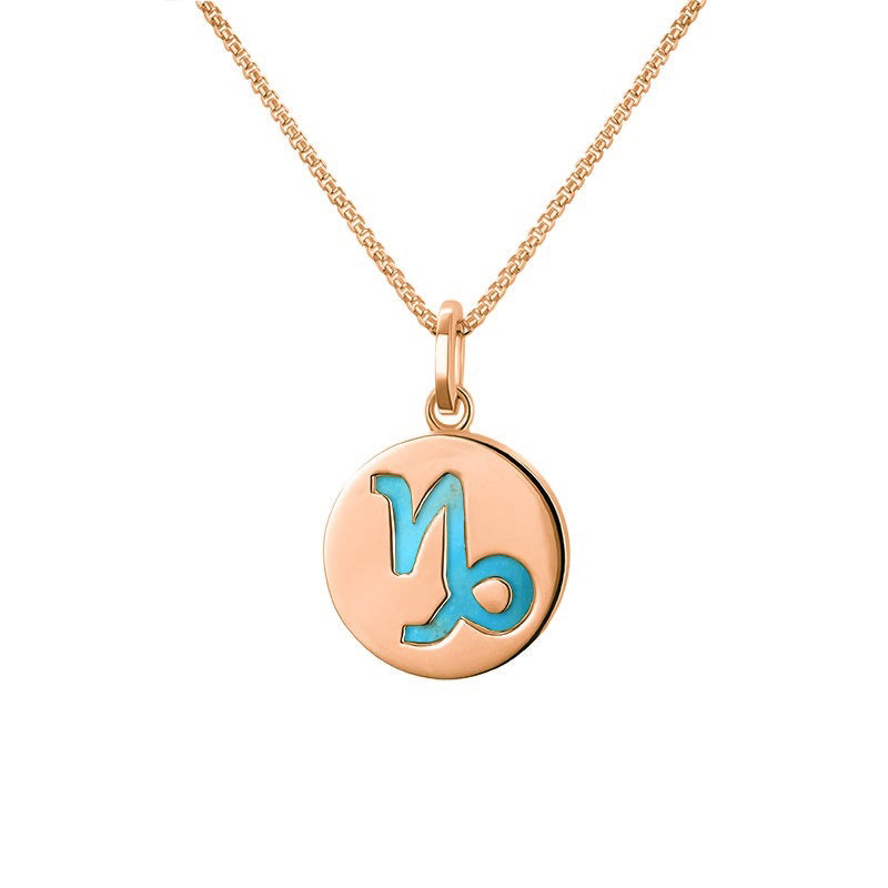 9ct Rose Gold Turquoise Zodiac Capricorn Round Necklace - Gold