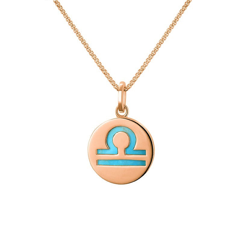 9ct Rose Gold Turquoise Zodiac Libra Round Necklace - Gold
