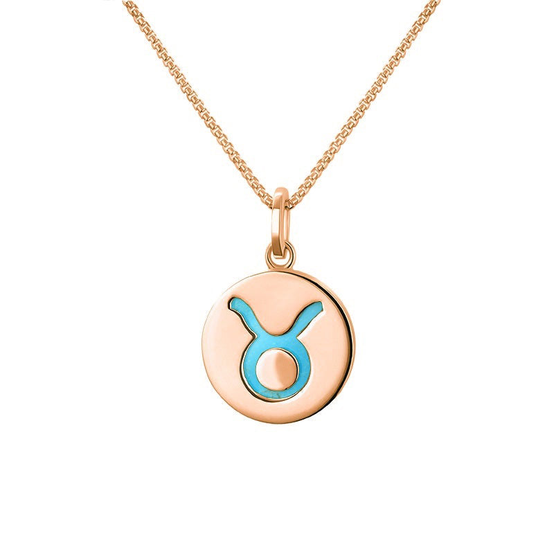 9ct Rose Gold Turquoise Zodiac Taurus Round Necklace - Gold