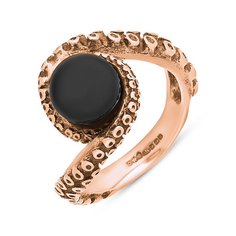 9ct Rose Gold Whitby Jet Bead Twist Tentacle Ring - Gold