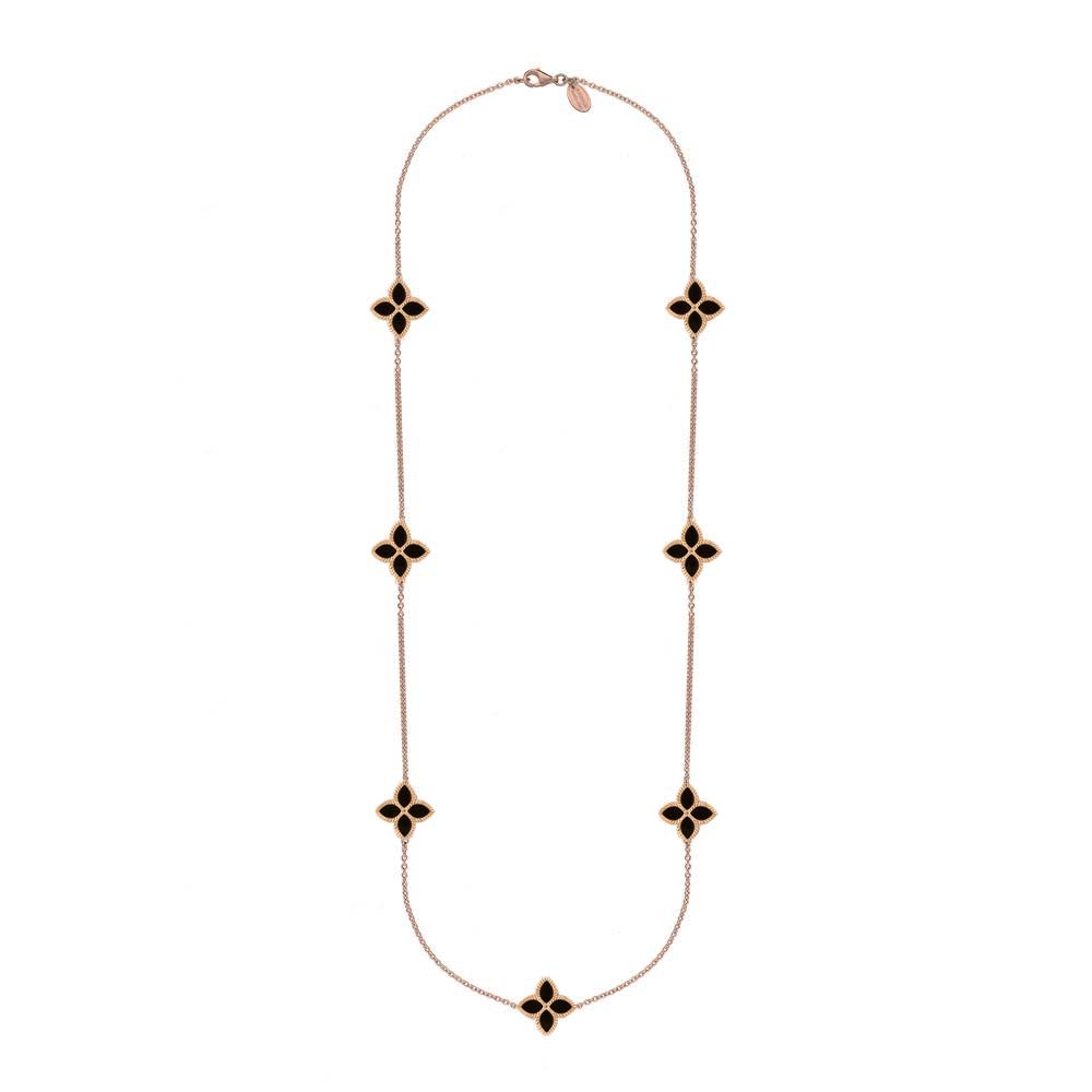 9ct Rose Gold Whitby Jet Bloom Long Marquise Flower Necklace - Gold