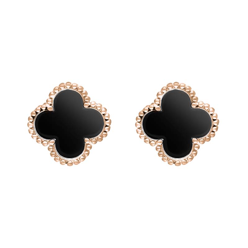 9ct Rose Gold Whitby Jet Bloom Four Leaf Clover Ball Edge Stud Earrings - Gold