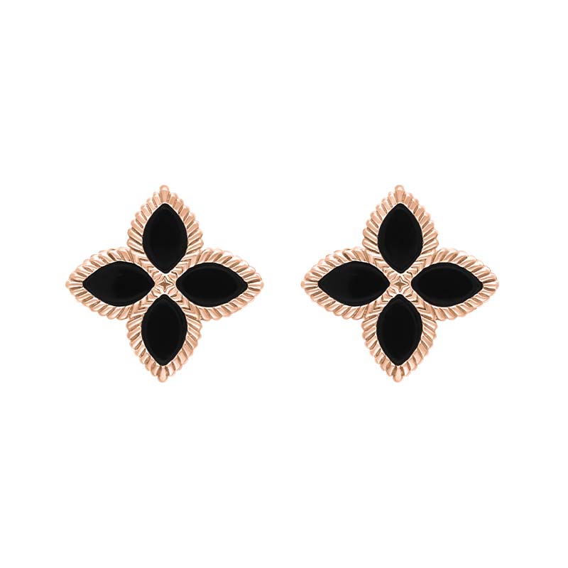 9ct Rose Gold Whitby Jet Bloom Marquise Flower Stud Earrings - Gold