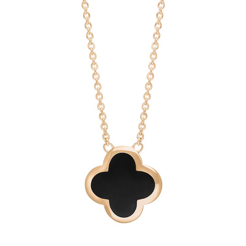 9ct Rose Gold Whitby Jet Bloom Large Four Leaf Clover Polished Edge Pendant - Gold