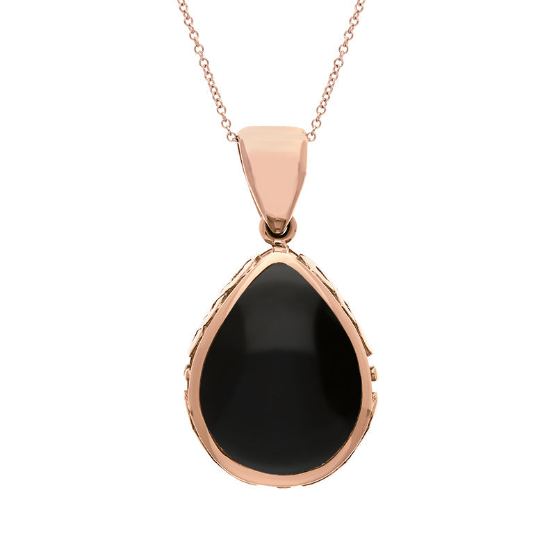 9ct Rose Gold Whitby Jet Blue John Double Sided Celtic Edge Pear Cut Fob Necklace - Rose Gold