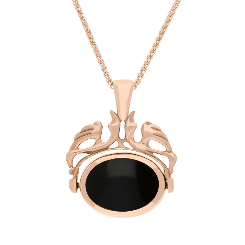 9ct Rose Gold Whitby Jet Blue John Double Sided Oval Swivel Fob Necklace - Rose Gold