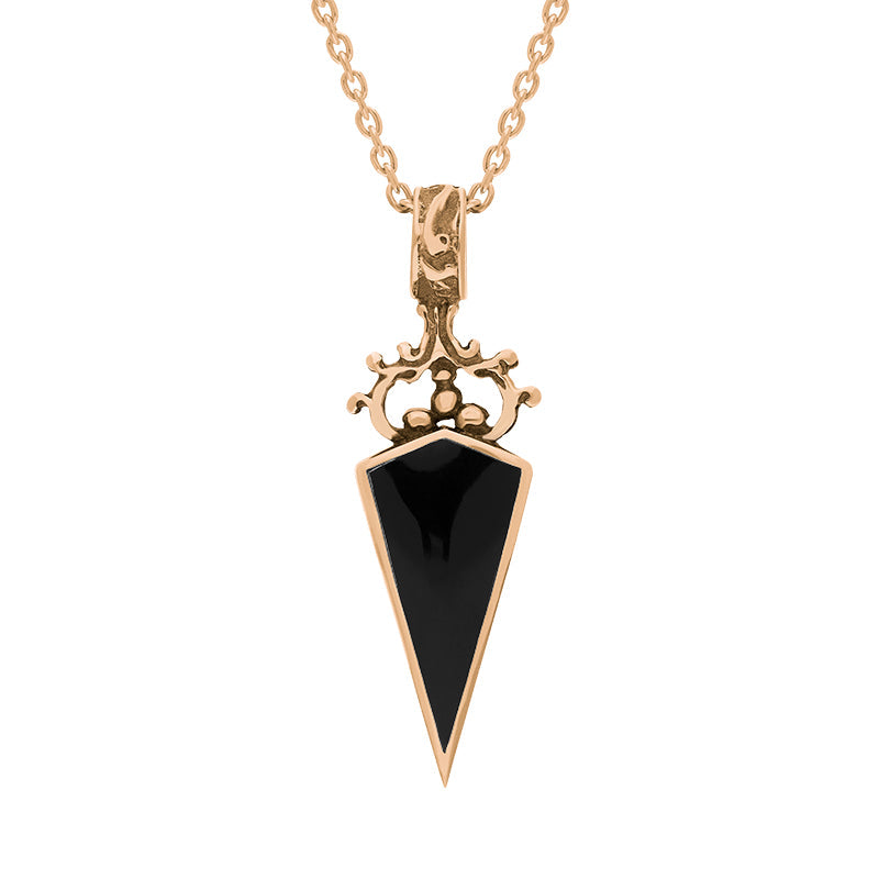 9ct Rose Gold Whitby Jet Blue John Double Sided Scroll Dagger Fob Necklace - Rose Gold