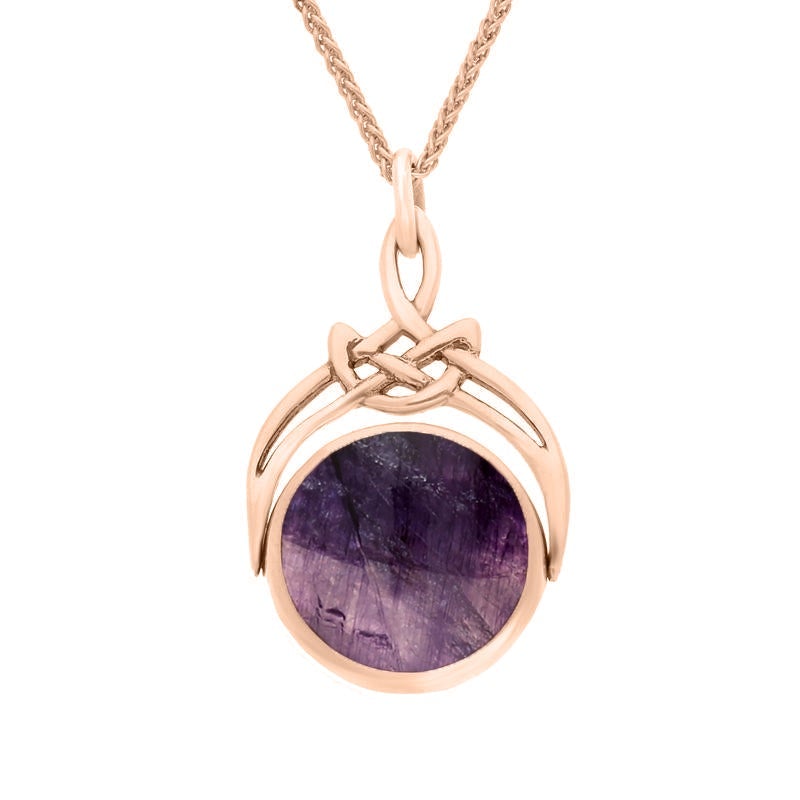 9ct Rose Gold Whitby Jet Blue John Round Swivel Fob Necklace - Gold