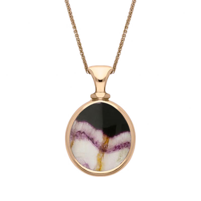9ct Rose Gold Whitby Jet Blue John Small Double Sided Pear Fob Necklace