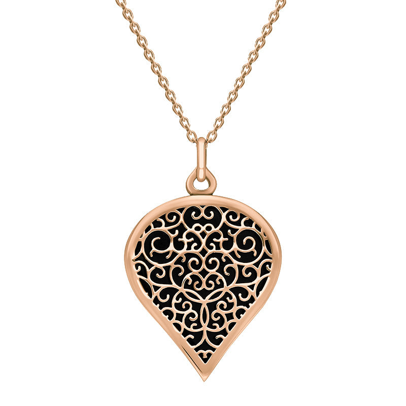 9ct Rose Gold Whitby Jet Flore Filigree Large Heart Necklace