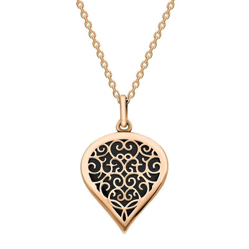 9ct Rose Gold Whitby Jet Flore Filigree Medium Heart Necklace