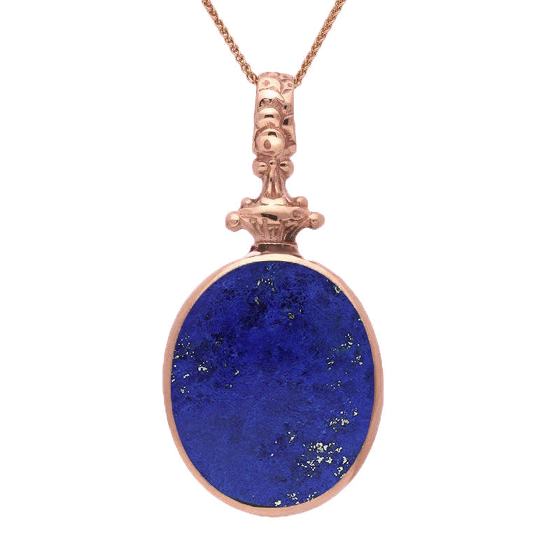 9ct Rose Gold Whitby Jet Lapis Lazuli Double Sided Oval Fob Necklace - Rose Gold