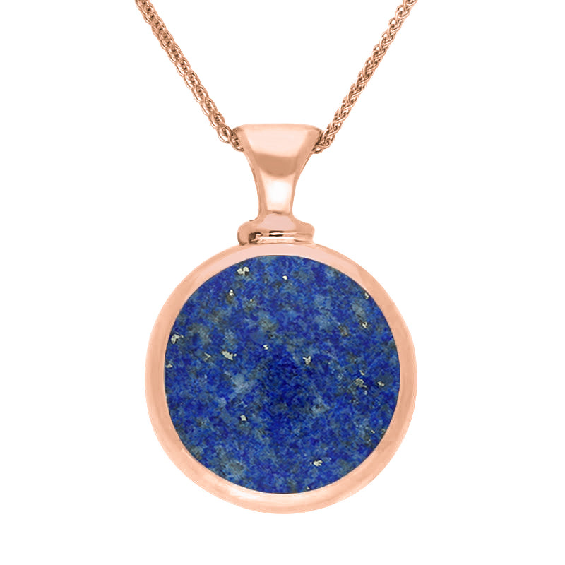 9ct Rose Gold Whitby Jet Lapis Lazuli Double Sided Round Dinky Fob Necklace - Rose Gold