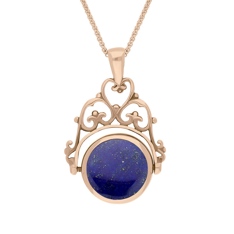 9ct Rose Gold Whitby Jet Lapis Lazuli Double Sided Round Swivel Fob Necklace - Rose Gold