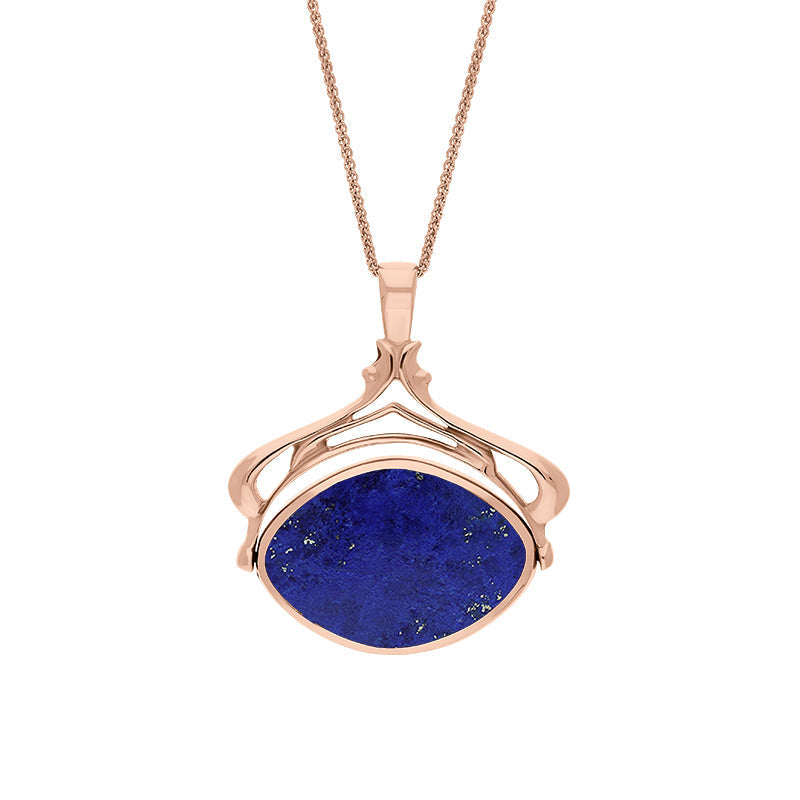 9ct Rose Gold Whitby Jet Lapis Lazuli Marquise Swivel Fob Necklace - Gold