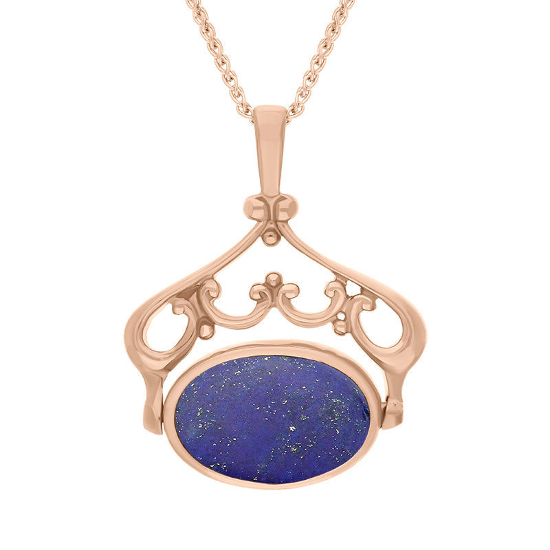 9ct Rose Gold Whitby Jet Lapis Lazuli Double Sided Oval Swivel Fob Necklace - Rose Gold