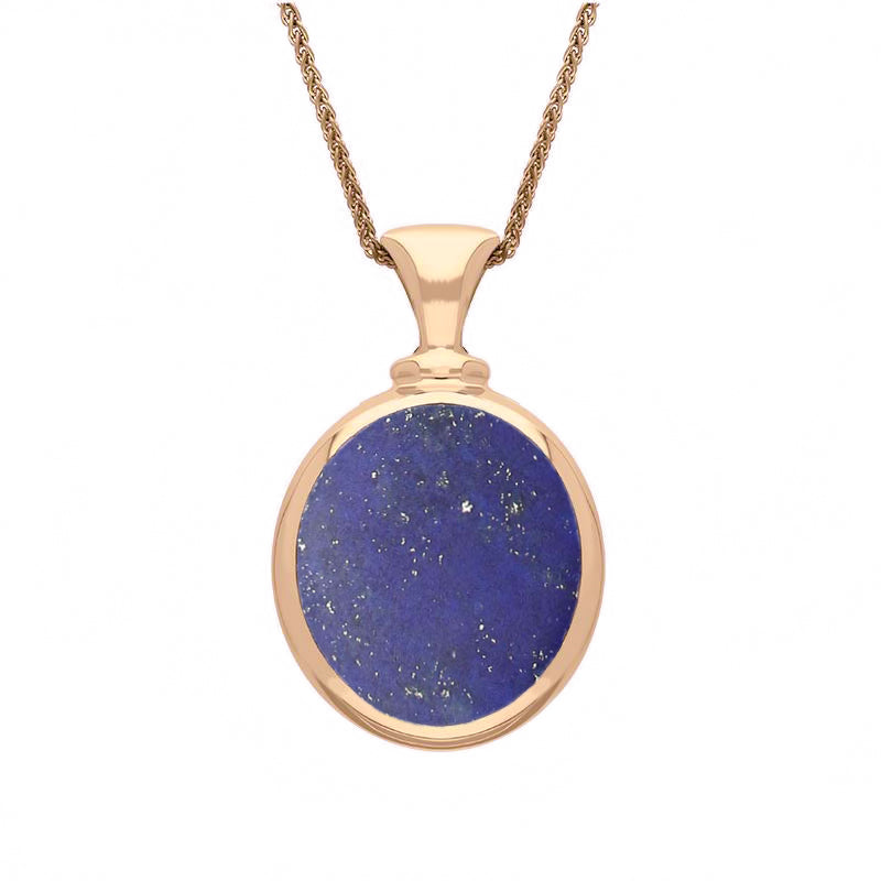 9ct Rose Gold Whitby Jet Lapis Lazuli Small Double Sided Oval Fob Necklace - Rose Gold