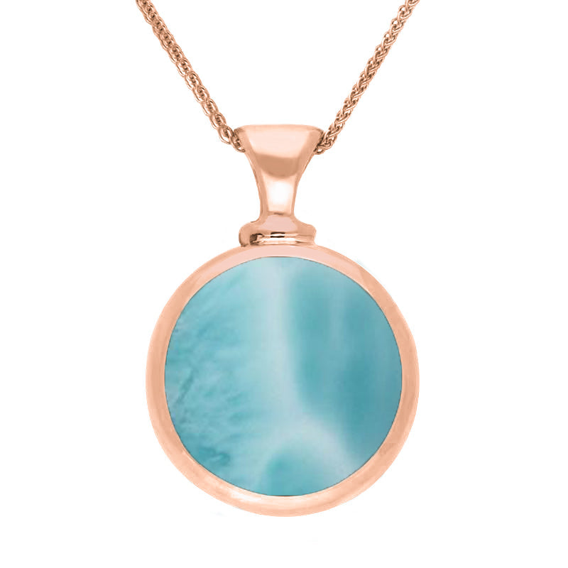 9ct Rose Gold Whitby Jet Larimar Double Sided Round Dinky Fob Necklace - Rose Gold