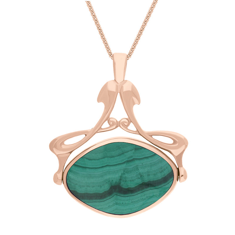9ct Rose Gold Whitby Jet Malachite Bell Diamond Swivel Fob Necklace - Gold