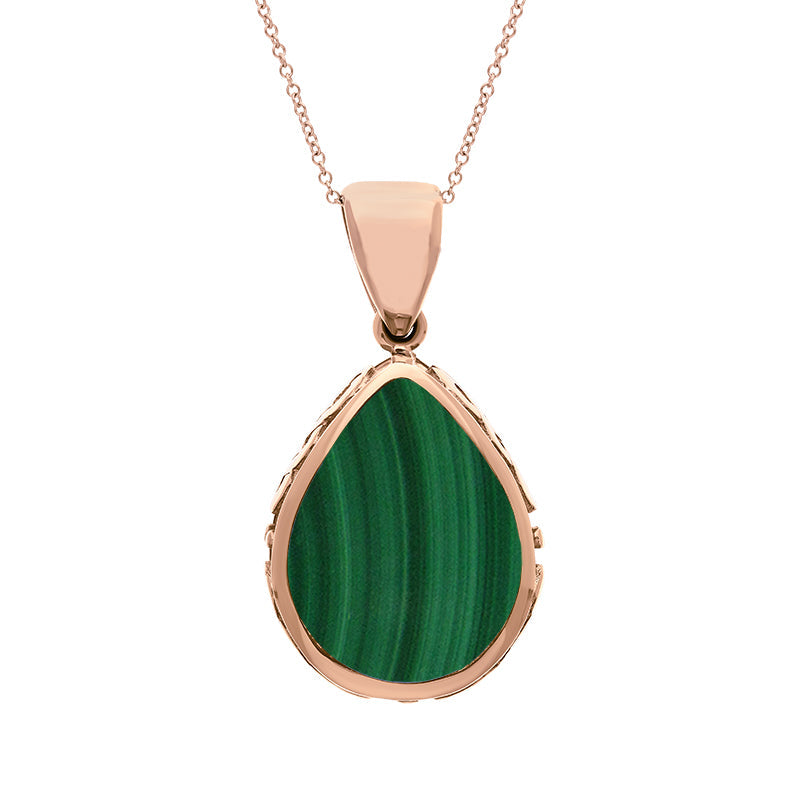 9ct Rose Gold Whitby Jet Malachite Double Sided Celtic Edge Pear Cut Fob Necklace - Rose Gold