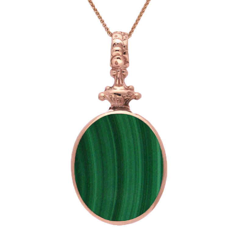 9ct Rose Gold Whitby Jet Malachite Double Sided Oval Fob Necklace - Rose Gold