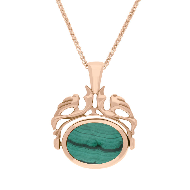 9ct Rose Gold Whitby Jet Malachite Double Sided Oval Swivel Fob Necklace - Rose Gold