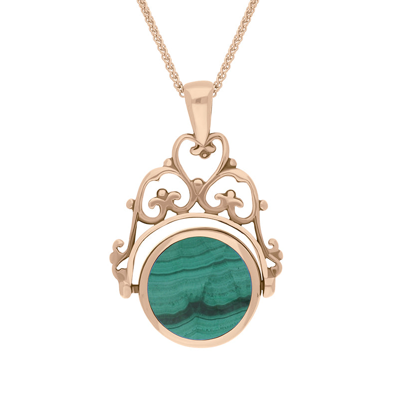 9ct Rose Gold Whitby Jet Malachite Double Sided Round Swivel Fob Necklace - Rose Gold