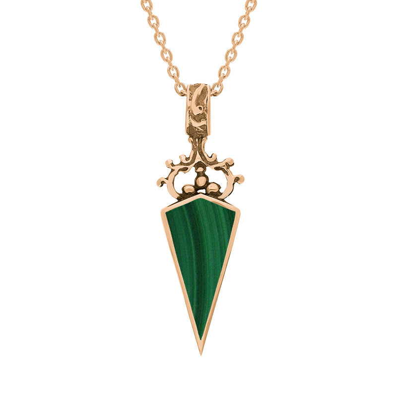 9ct Rose Gold Whitby Jet Malachite Double Sided Scroll Dagger Fob Necklace - Rose Gold