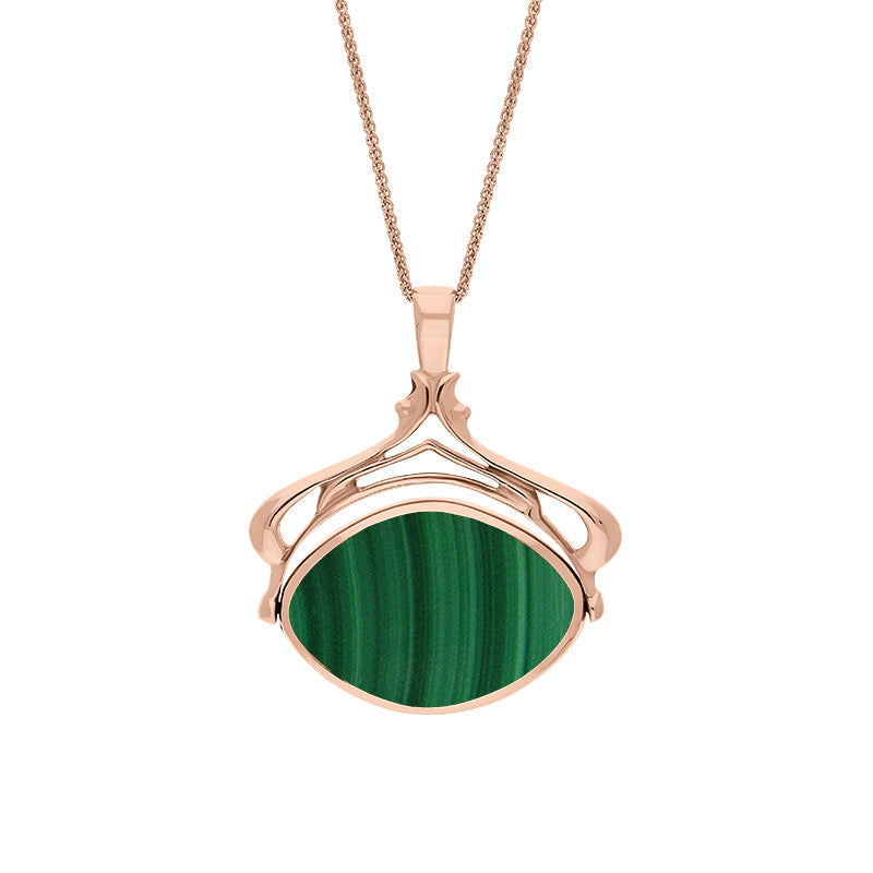 9ct Rose Gold Whitby Jet Malachite Marquise Swivel Fob Necklace - Gold