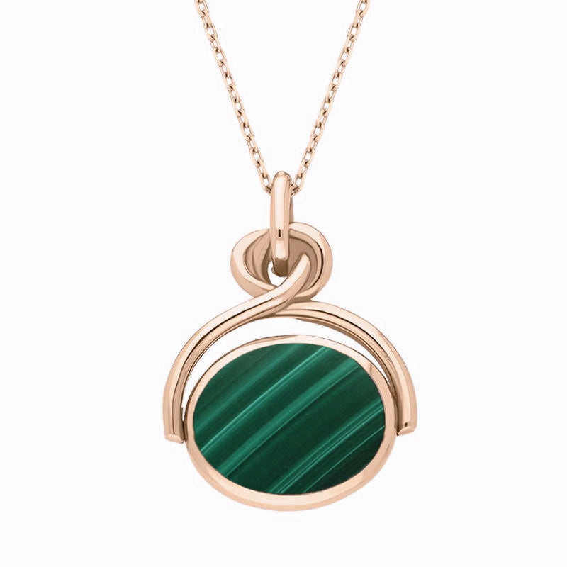 9ct Rose Gold Whitby Jet Malachite Oval Swivel Fob Necklace - Rose Gold