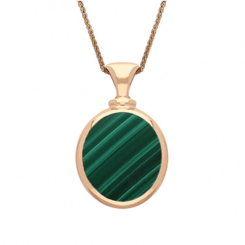9ct Rose Gold Whitby Jet Malachite Small Double Sided Oval Fob Necklace - Rose Gold