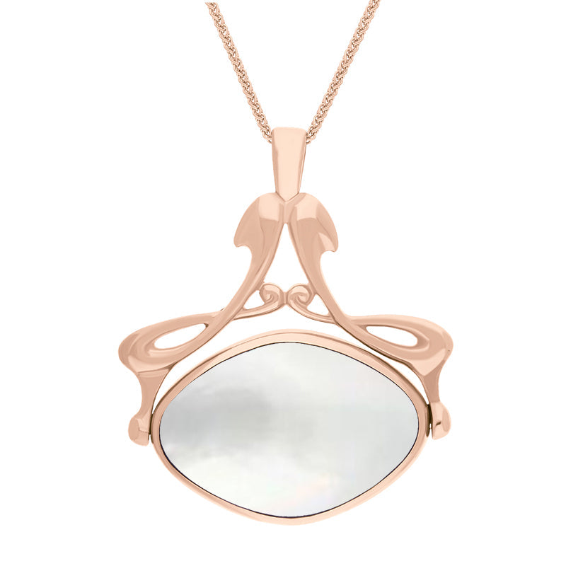 9ct Rose Gold Whitby Jet Mother Of Pearl Bell Diamond Swivel Fob Necklace - Gold