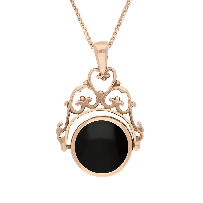 9ct Rose Gold Whitby Jet Mother Of Pearl Double Sided Round Swivel Fob Necklace - Rose Gold