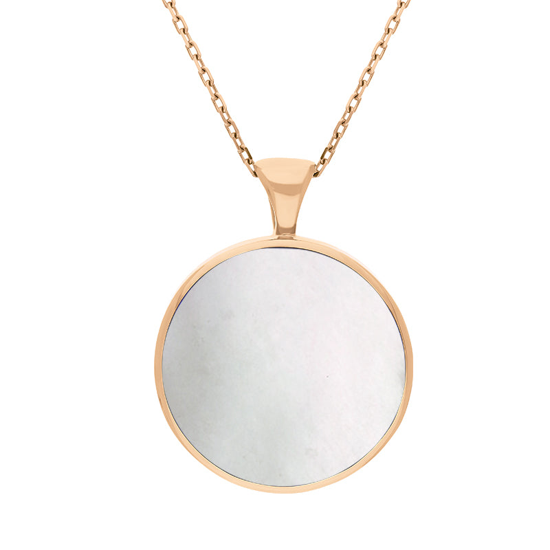 9ct Rose Gold Whitby Jet Mother Of Pearl Large Double Sided Round Fob Necklace - Rose Gold