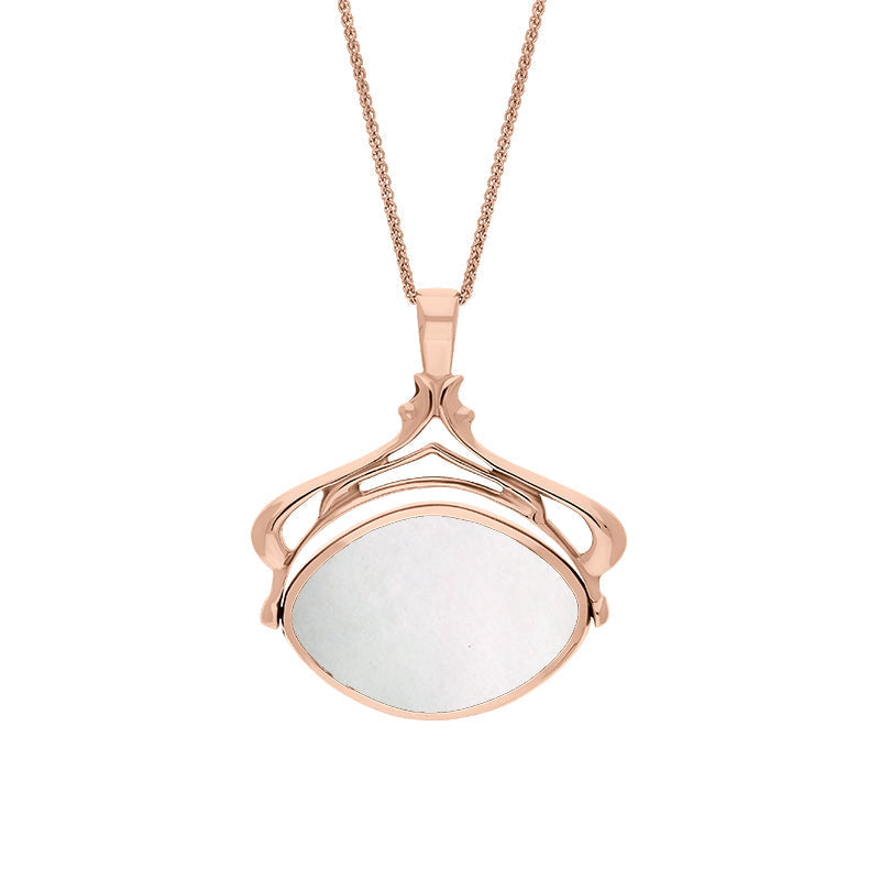 9ct Rose Gold Whitby Jet Mother Of Pearl Marquise Swivel Fob Necklace - Gold