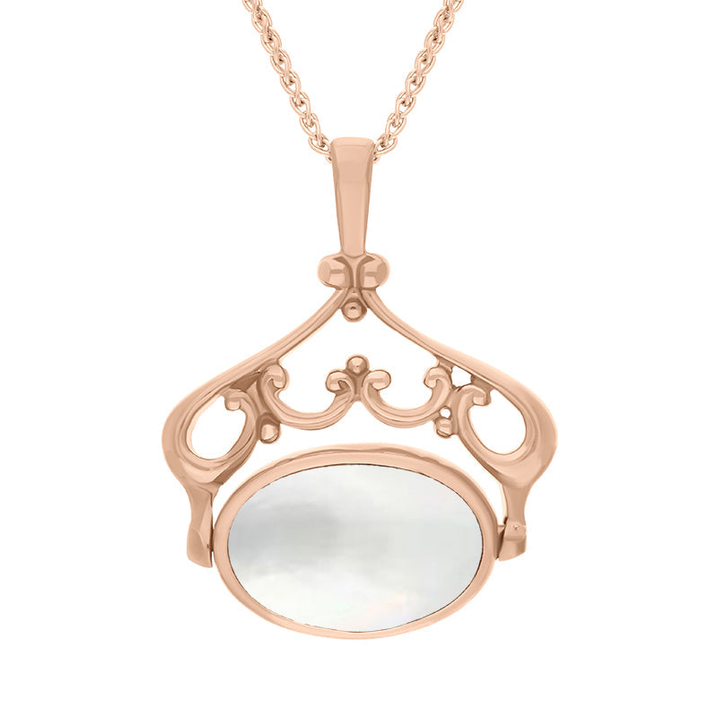 9ct Rose Gold Whitby Jet Mother Of Pearl Double Sided Oval Swivel Fob Necklace - Rose Gold