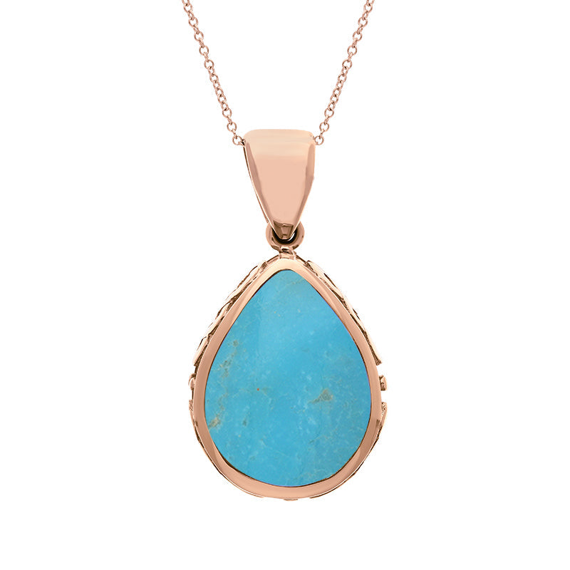 9ct Rose Gold Whitby Jet Turquoise Double Sided Celtic Edge Pear Cut Fob Necklace - Rose Gold