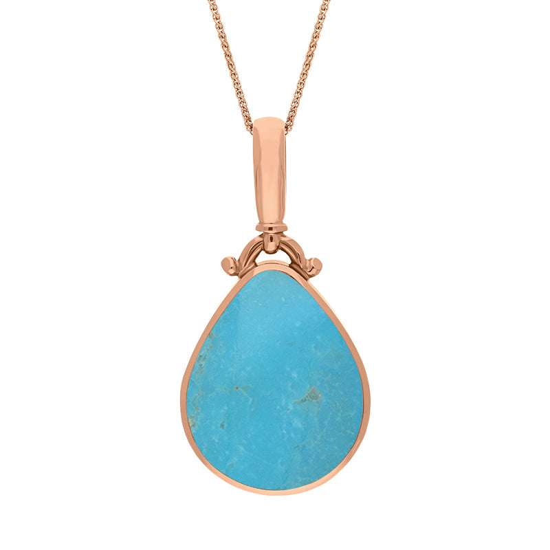 9ct Rose Gold Whitby Jet Turquoise Double Sided Pear Fob Necklace - Rose Gold
